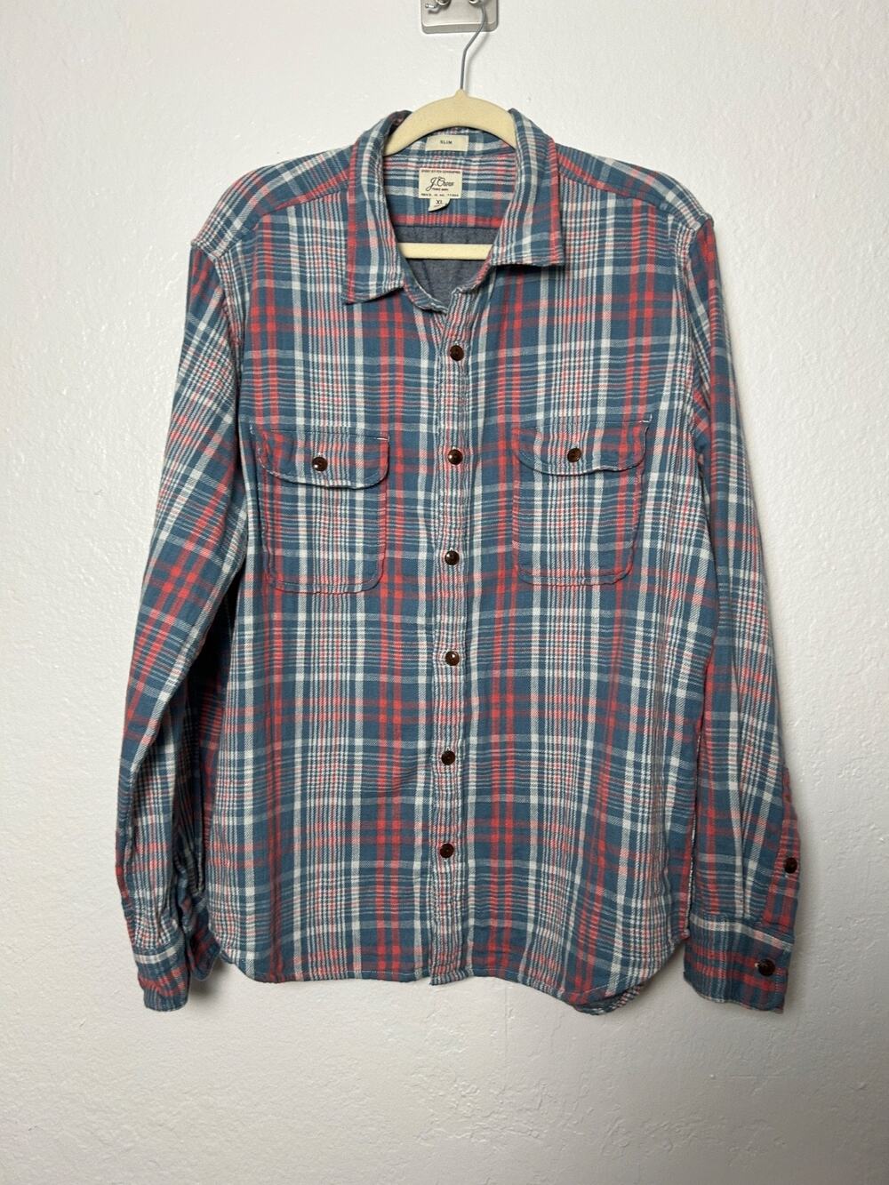 J Crew Slim Fit Flannel Camp Shirt Button Up Plaid Long Sleeve Mens Sz XL